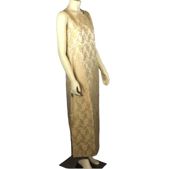 Vintage 1960s Gold Satin Damask sleeveless maxi Dress size large - Picture 2 of 12